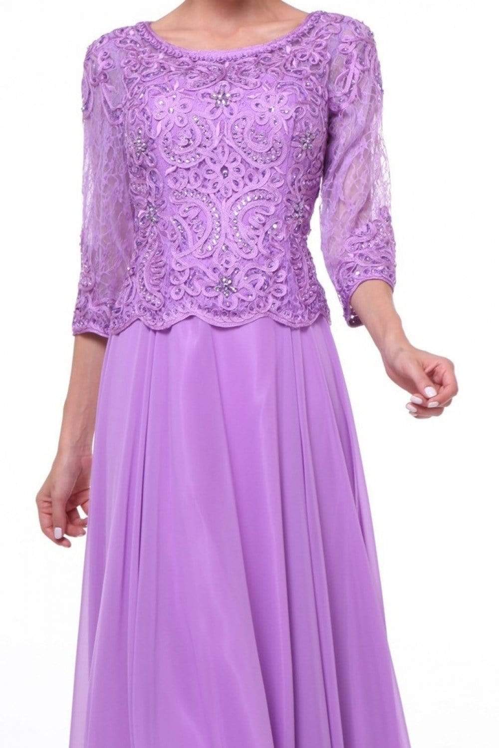 Cinderella Divine - 14327 Quarter Sleeve Soutache Bodice A-Line Long Formal Dress - view 12
