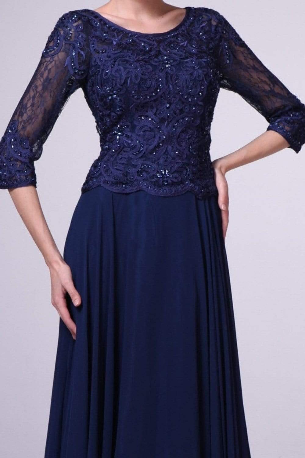 Cinderella Divine - 14327 Quarter Sleeve Soutache Bodice A-Line Long Formal Dress - view 5