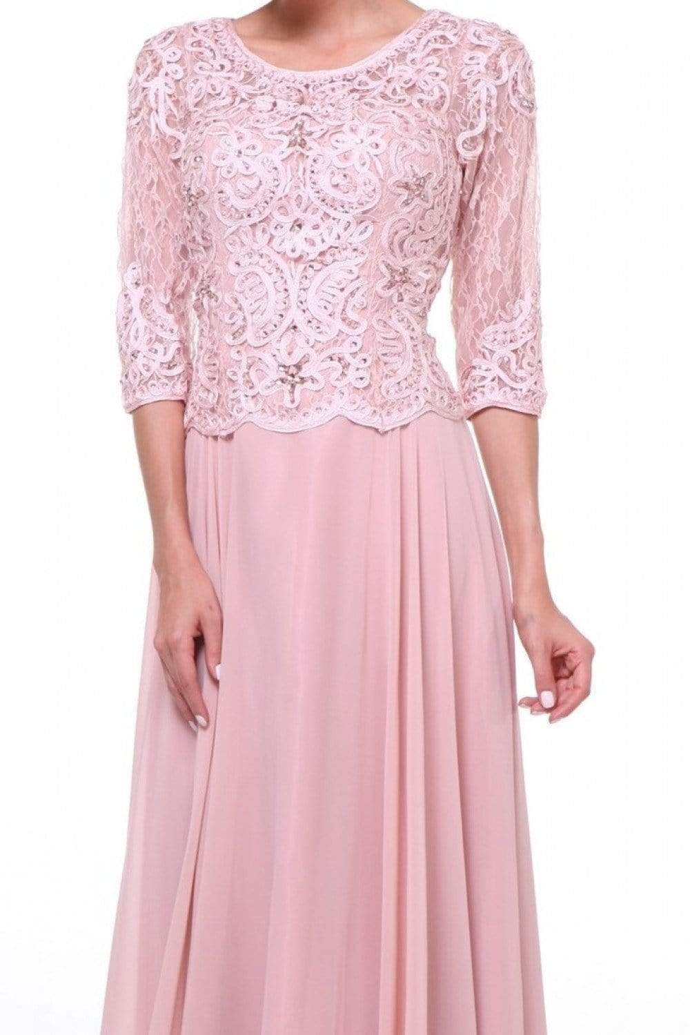 Cinderella Divine - 14327 Quarter Sleeve Soutache Bodice A-Line Long Formal Dress - view 7