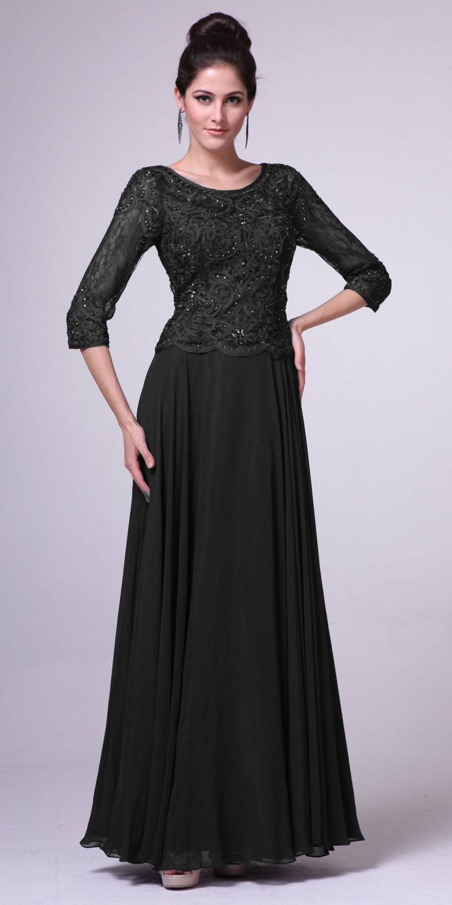 Cinderella Divine - 14327 Quarter Sleeve Soutache Bodice A-Line Long Formal Dress - designer mother of the bride dress at Sil