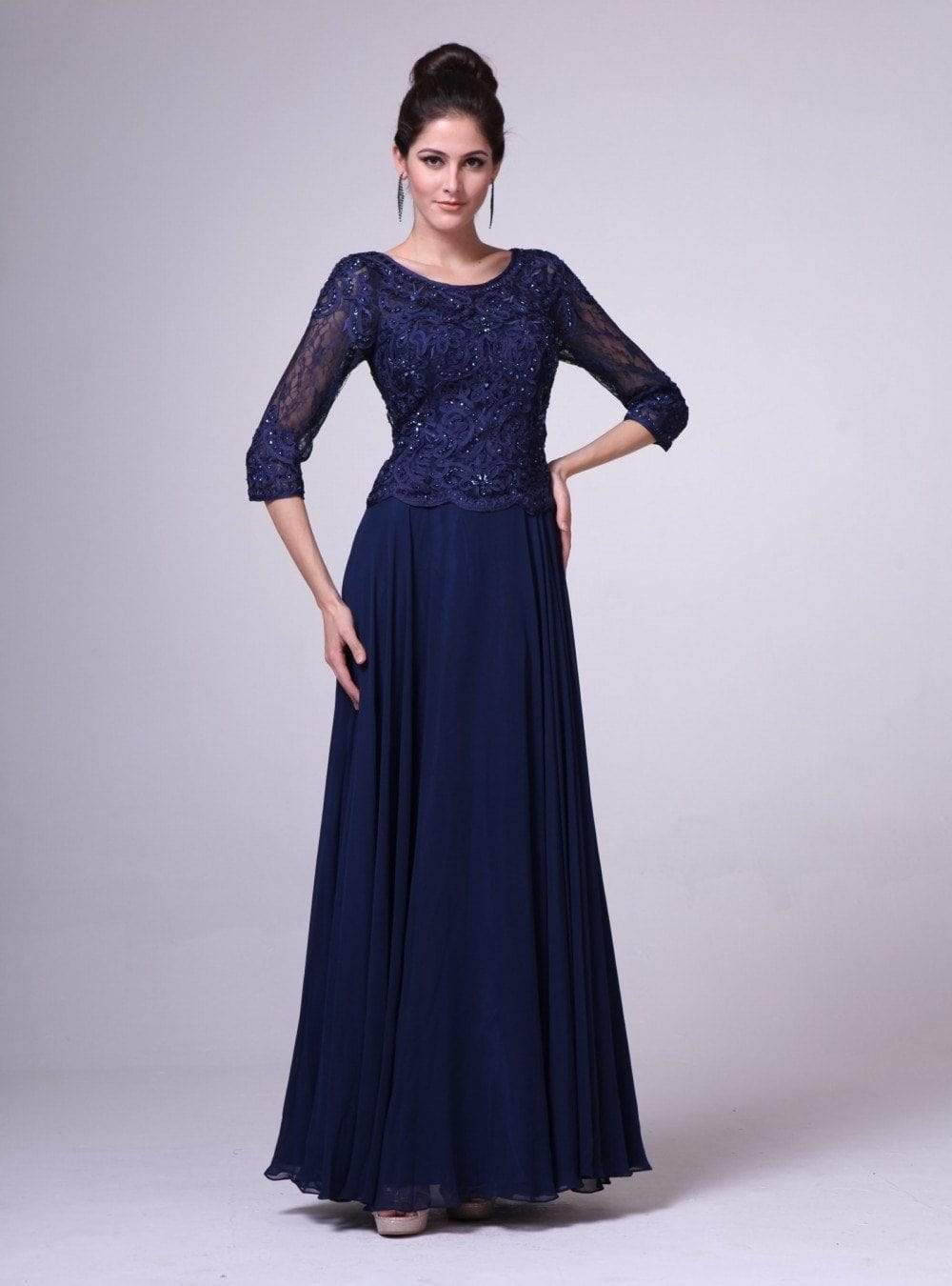 Cinderella Divine - 14327 Quarter Sleeve Soutache Bodice A-Line Long Formal Dress - view 4