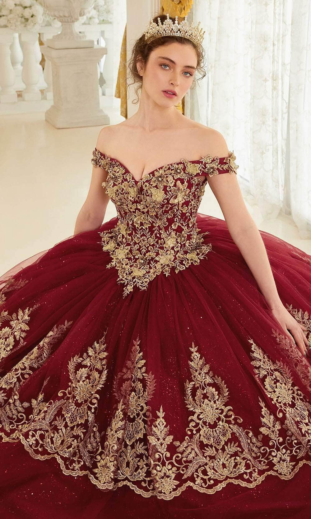 Cinderella Divine 15705 - Gold Lace Applique Off-Shoulder Ballgown - back view