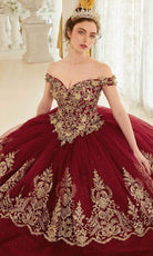 Cinderella Divine 15705 - Gold Lace Applique Off-Shoulder Ballgown - back view