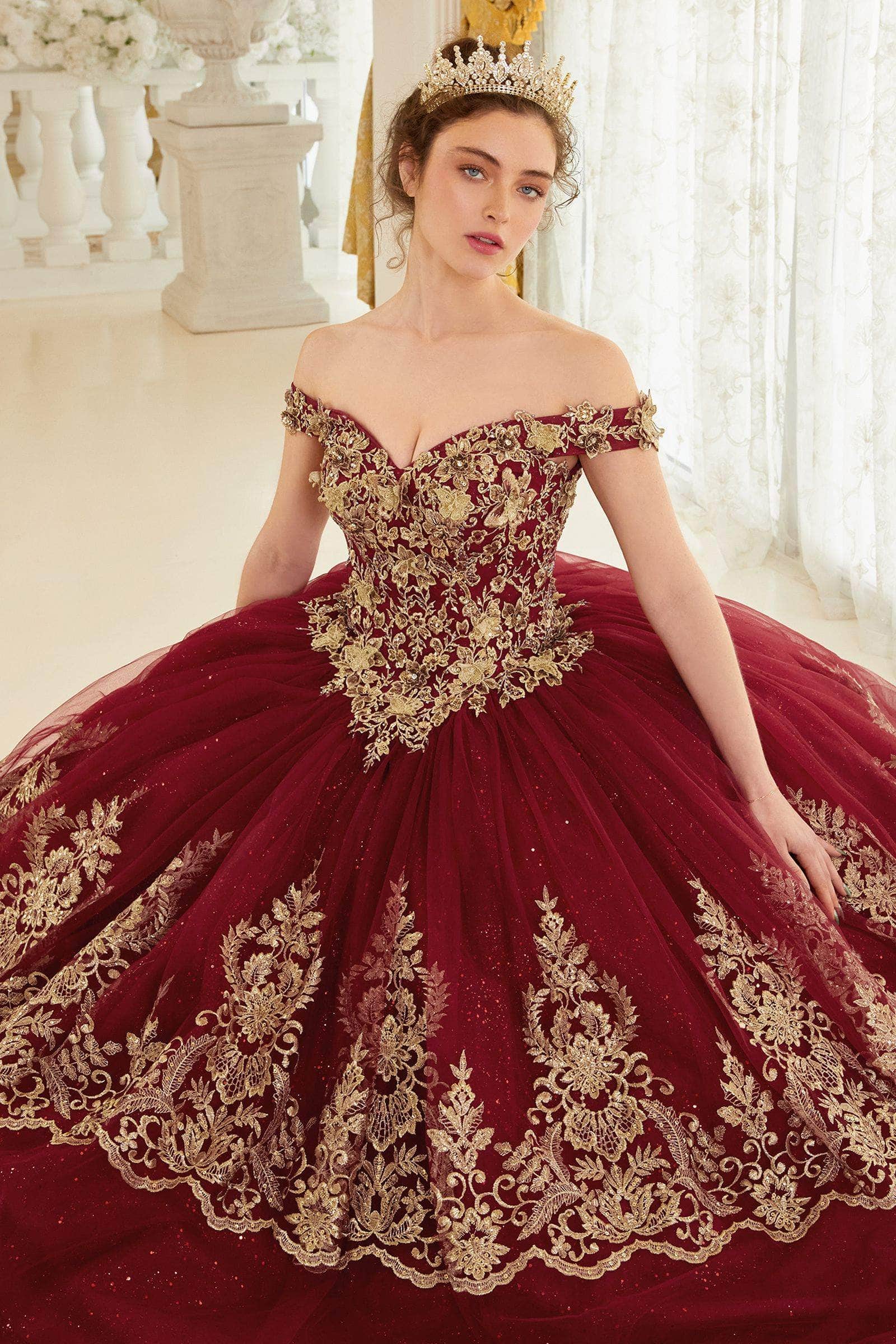 Cinderella Divine 15705 - Gold Lace Applique Off-Shoulder Ballgown - view 4