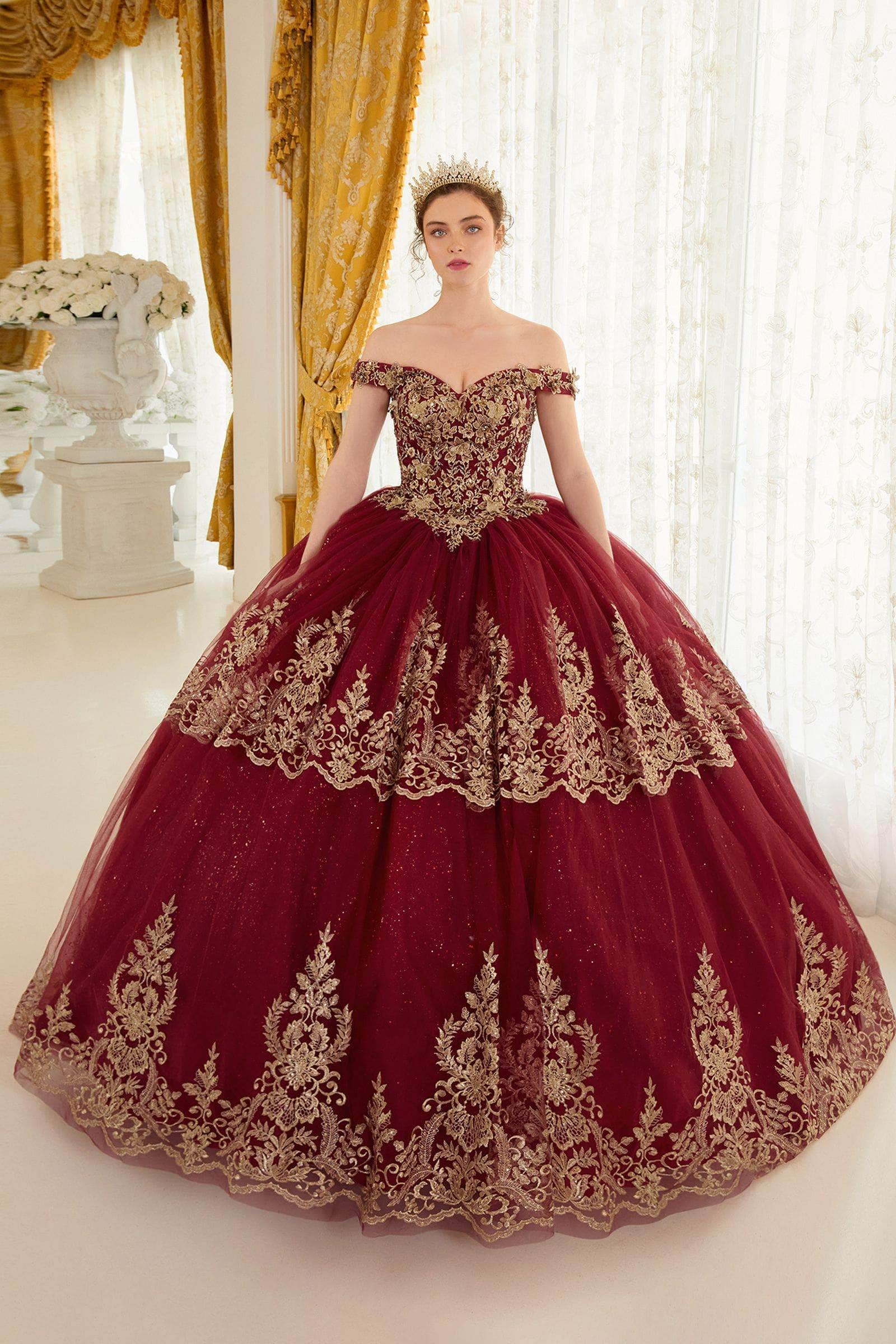 Cinderella Divine 15705 - Gold Lace Applique Off-Shoulder Ballgown - detail view
