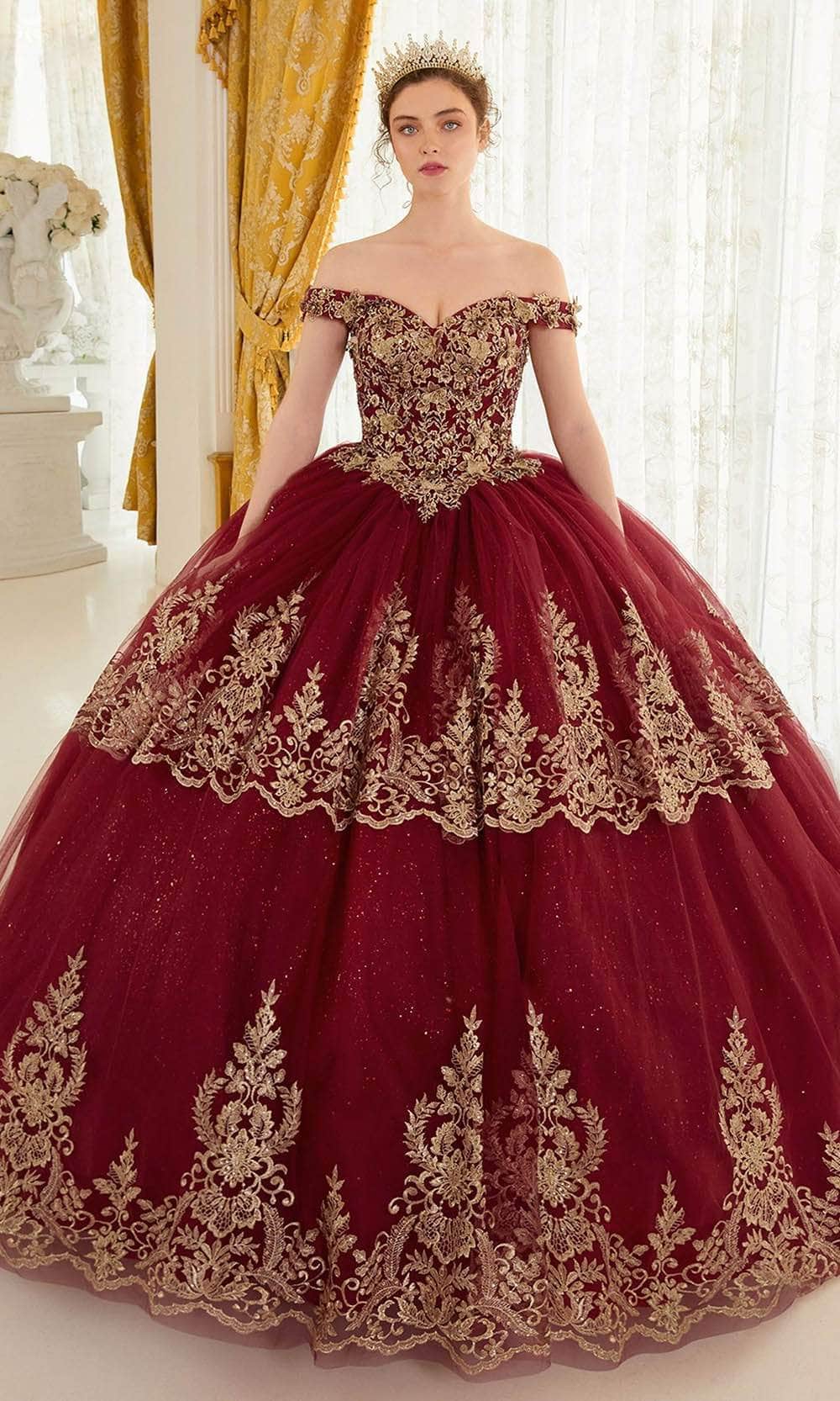 Cinderella Divine 15705 - Gold Lace Applique Off-Shoulder Ballgown - Silhouette Dresses