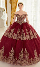 Cinderella Divine 15705 - Gold Lace Applique Off-Shoulder Ballgown - Silhouette Dresses