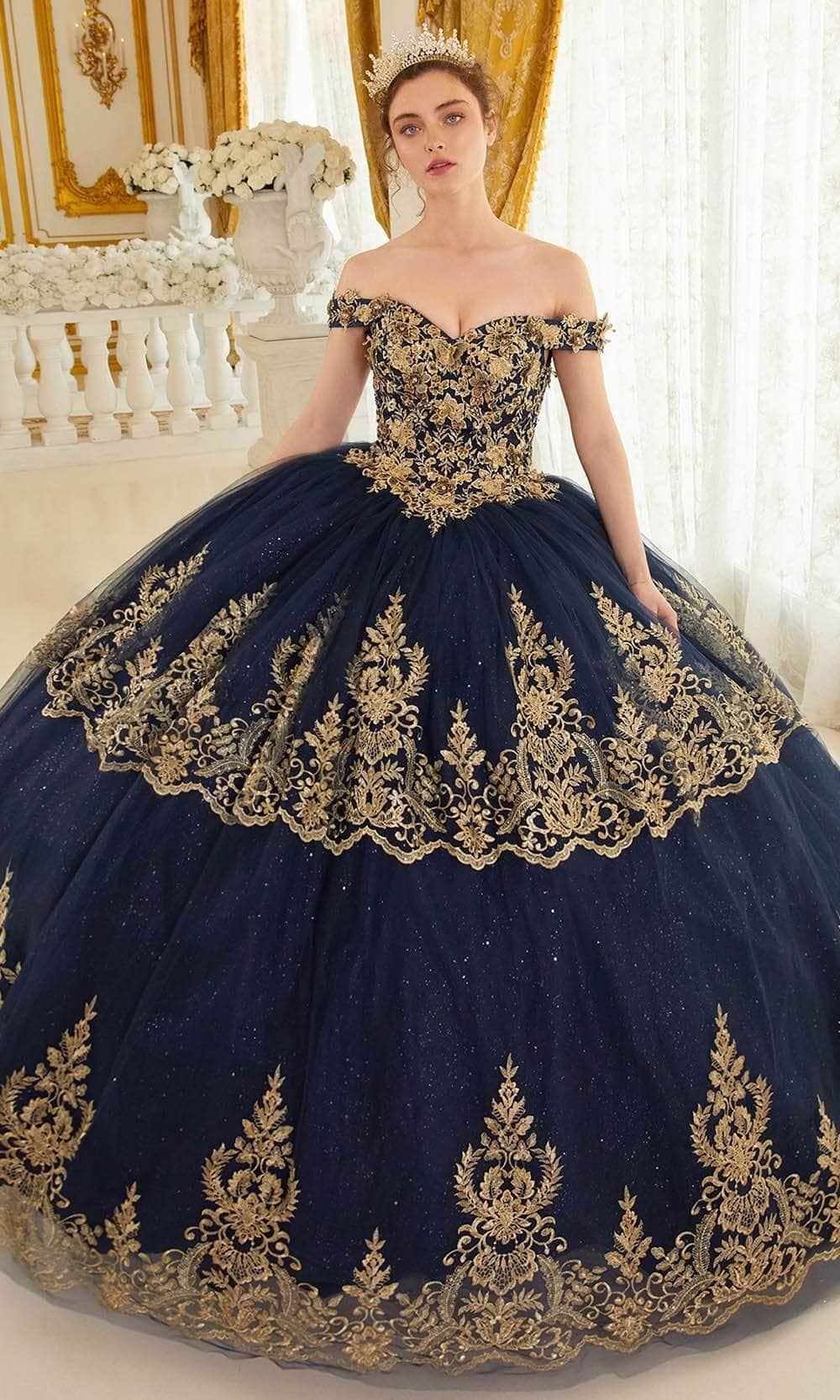 Cinderella Divine 15705 - Gold Lace Applique Off-Shoulder Ballgown - view 7