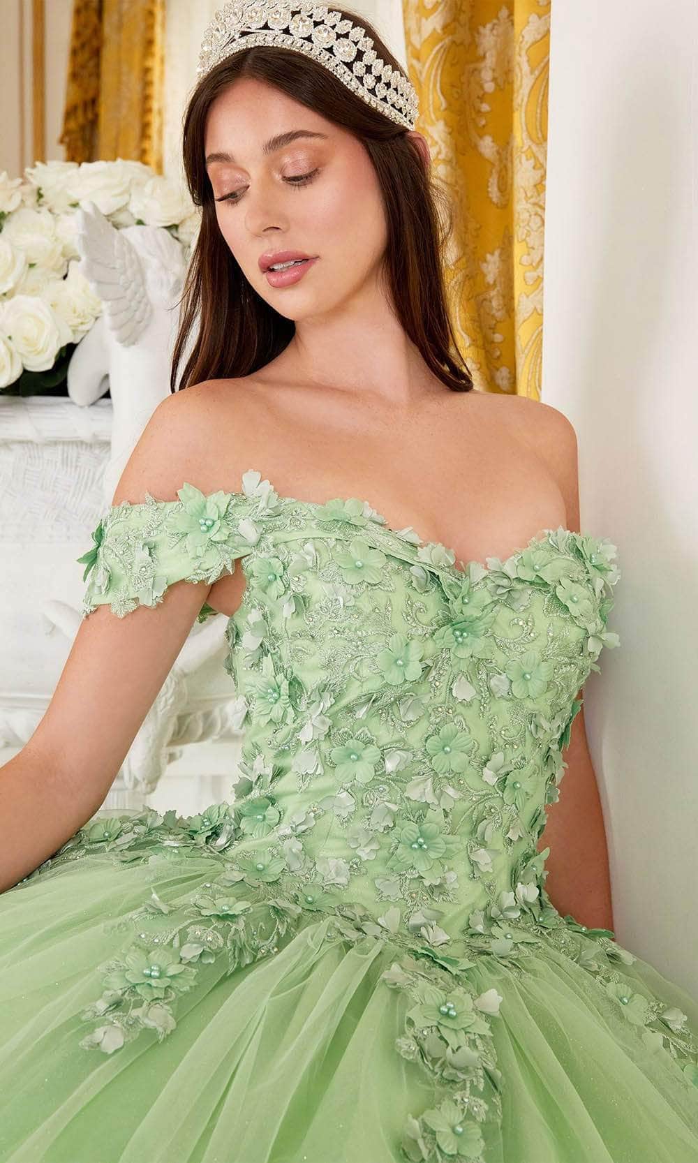 Cinderella Divine 15710 - Off-Shoulder Ballgown with Floral Embellishments - detail view