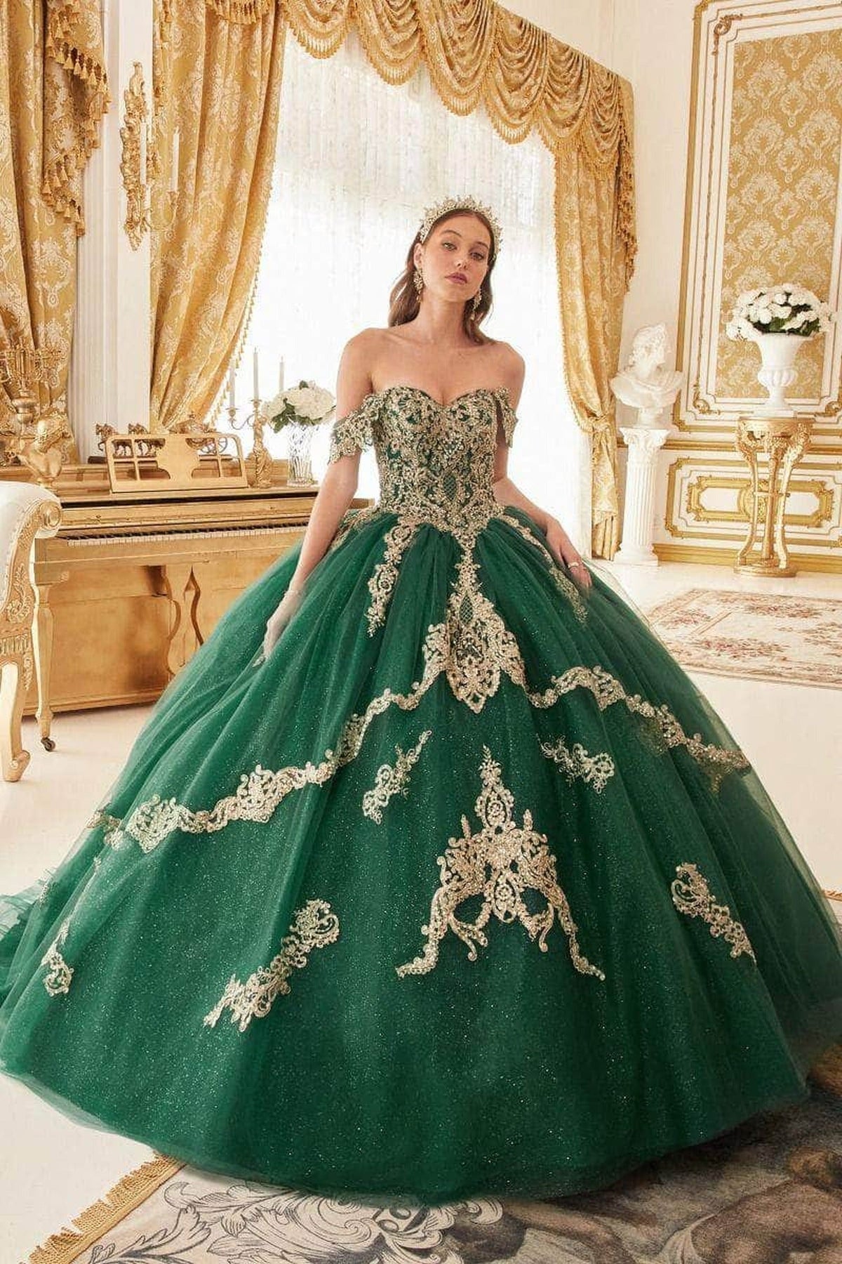 Cinderella Divine 15711 - Off-Shoulder Ballgown with Lace Applique Details