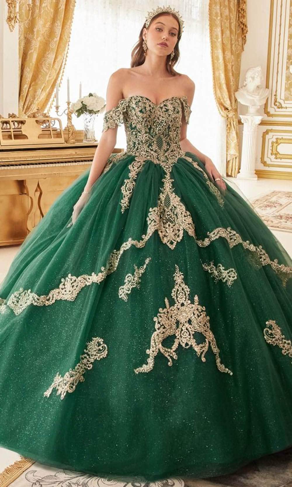 Cinderella Divine 15711 - Off-Shoulder Ballgown with Lace Applique Details - detail view