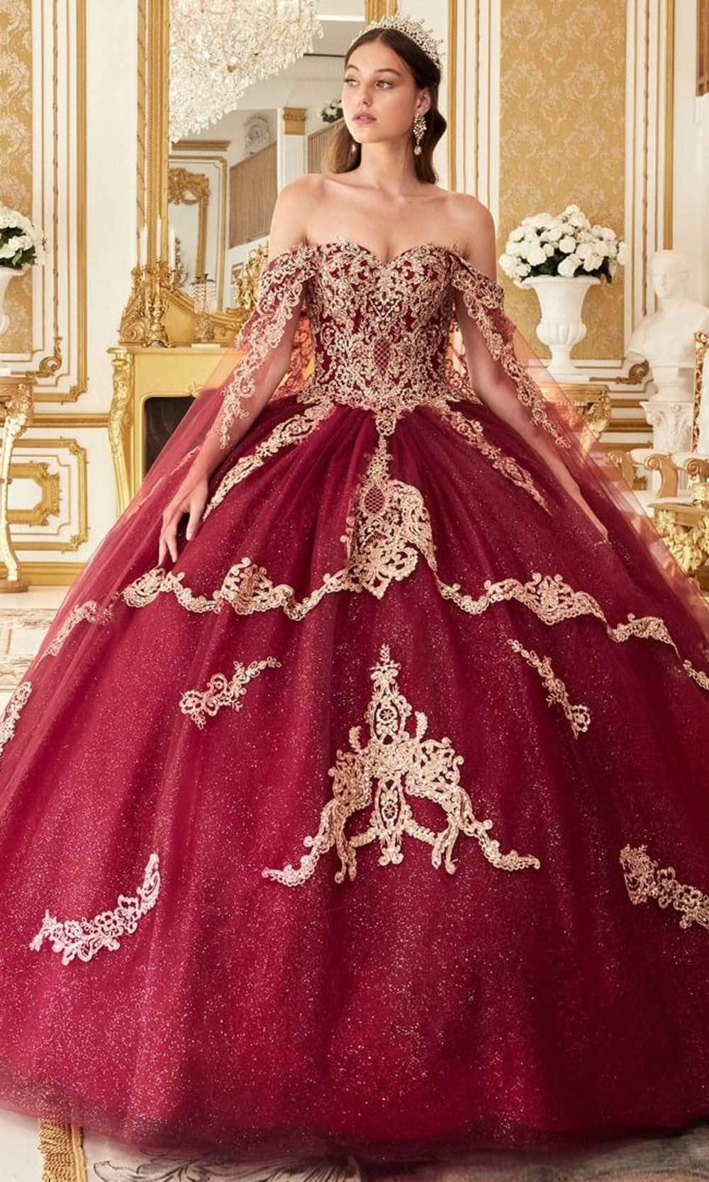 Cinderella Divine 15711 - Off-Shoulder Ballgown with Lace Applique Details - Silhouette Dresses