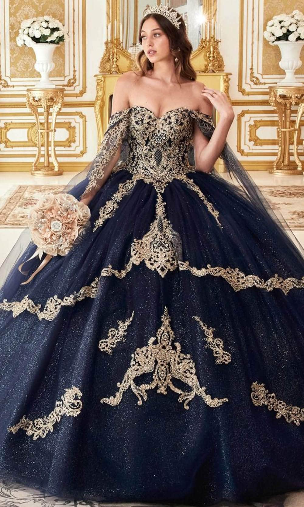 Cinderella Divine 15711 - Off-Shoulder Ballgown with Lace Applique Details - view 4