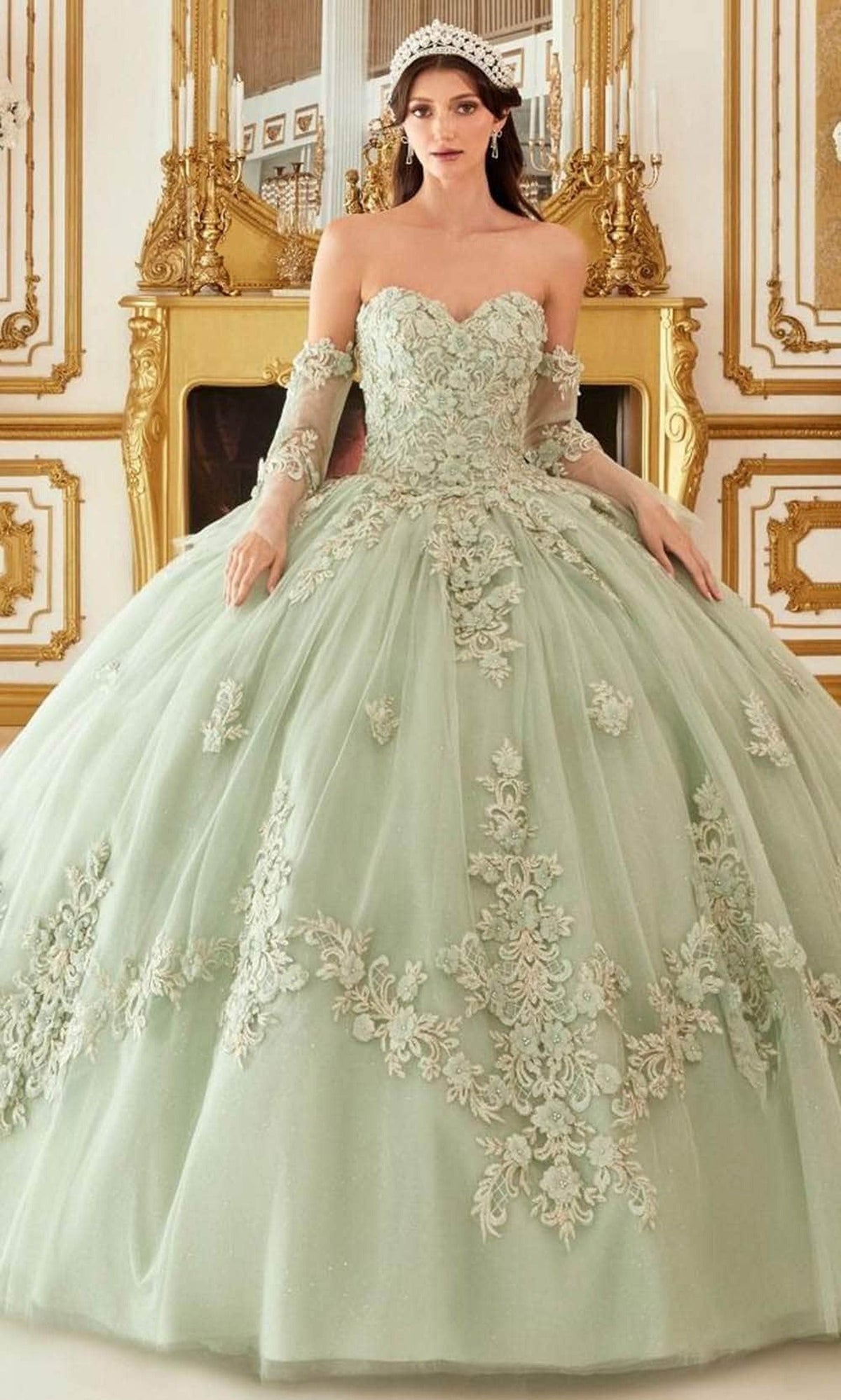 Cinderella Divine 15714 - Floral Applique Strapless Ballgown
