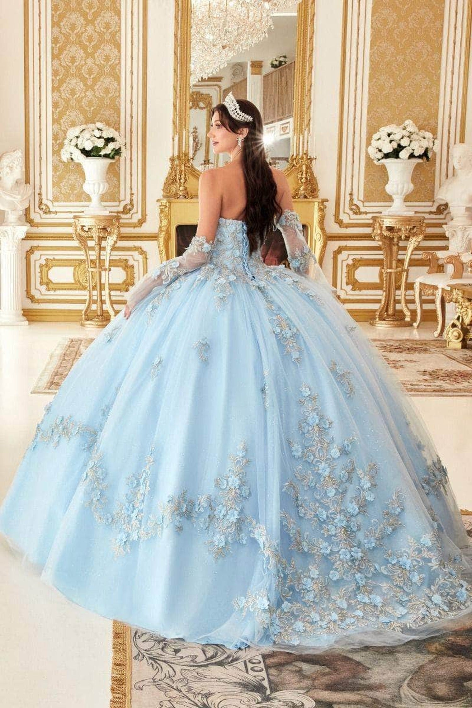 Cinderella Divine 15714 - Floral Applique Strapless Ballgown