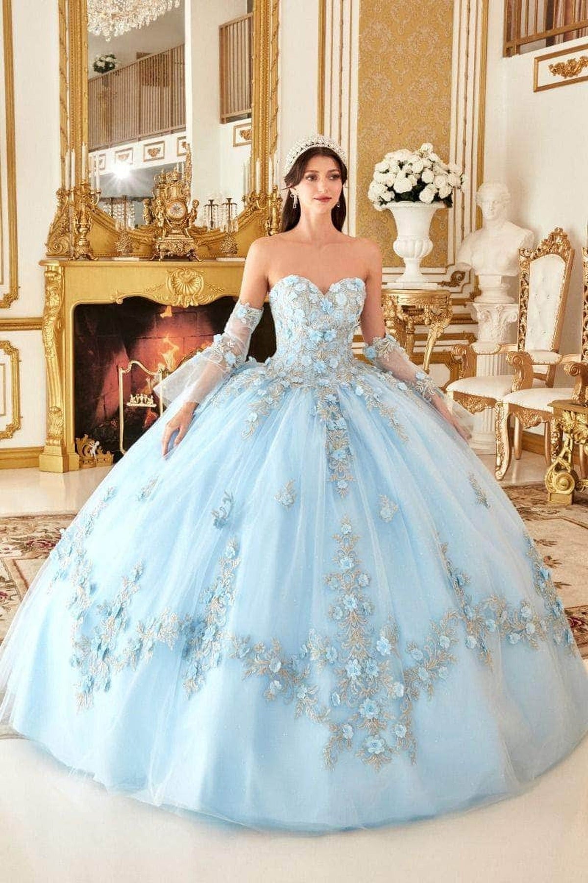 Cinderella Divine 15714 - Floral Applique Strapless Ballgown