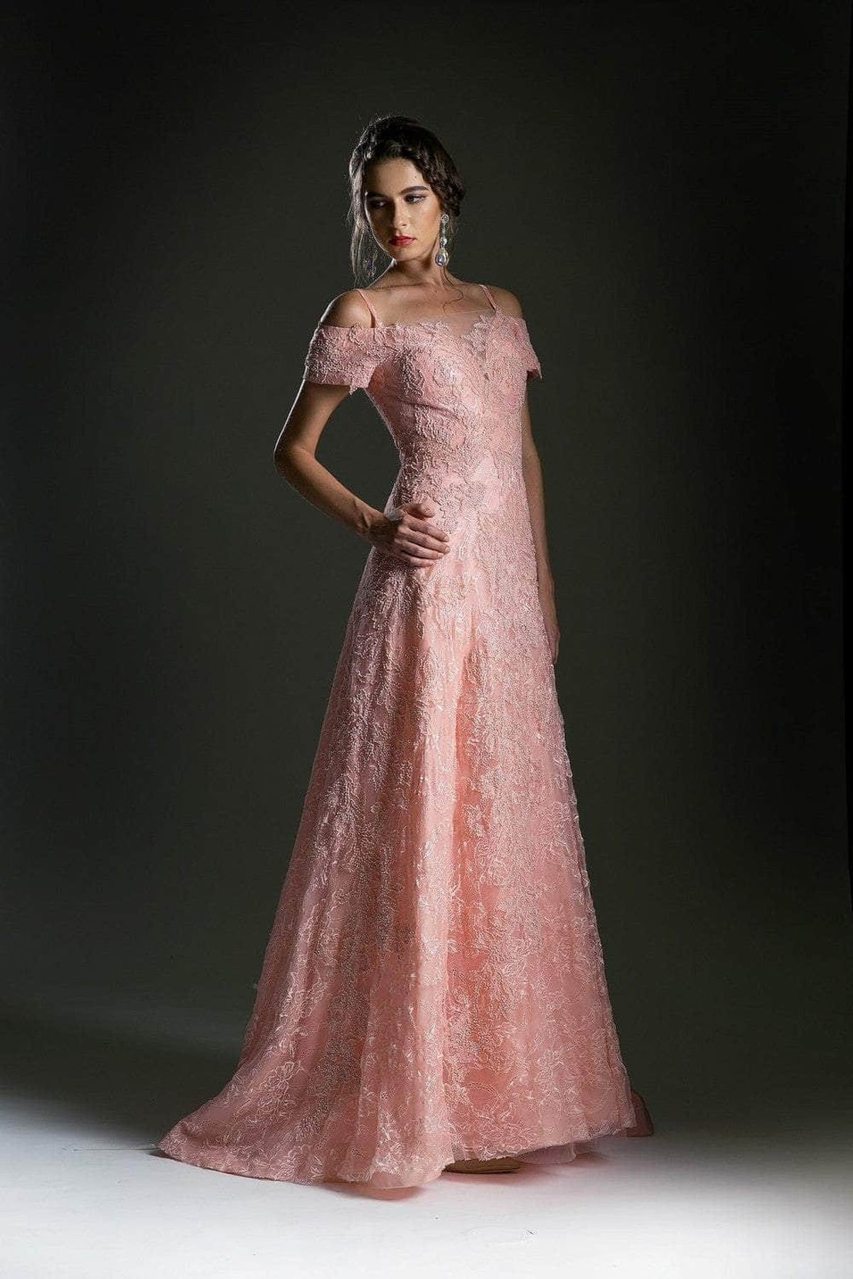 Cinderella Divine 5326 - Cold Shoulder Floral Lace Gown