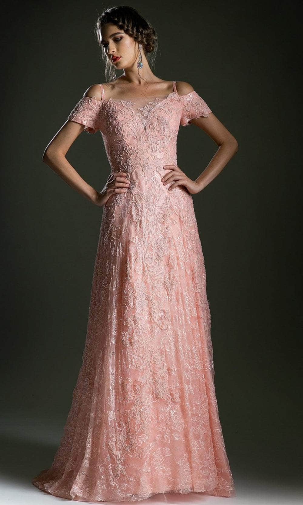 Cinderella Divine 5326 - Cold Shoulder Floral Lace Gown - back view