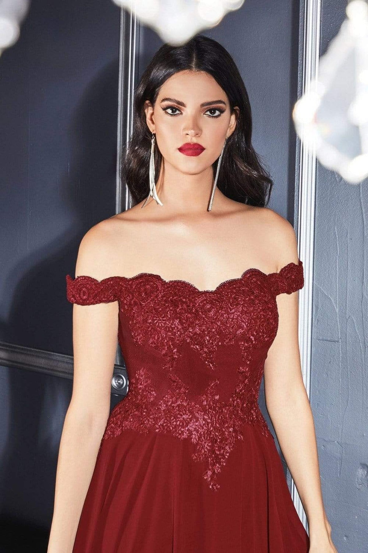 Cinderella Divine - 7258 Flowy Chiffon Lace Embellished A-Line Gown