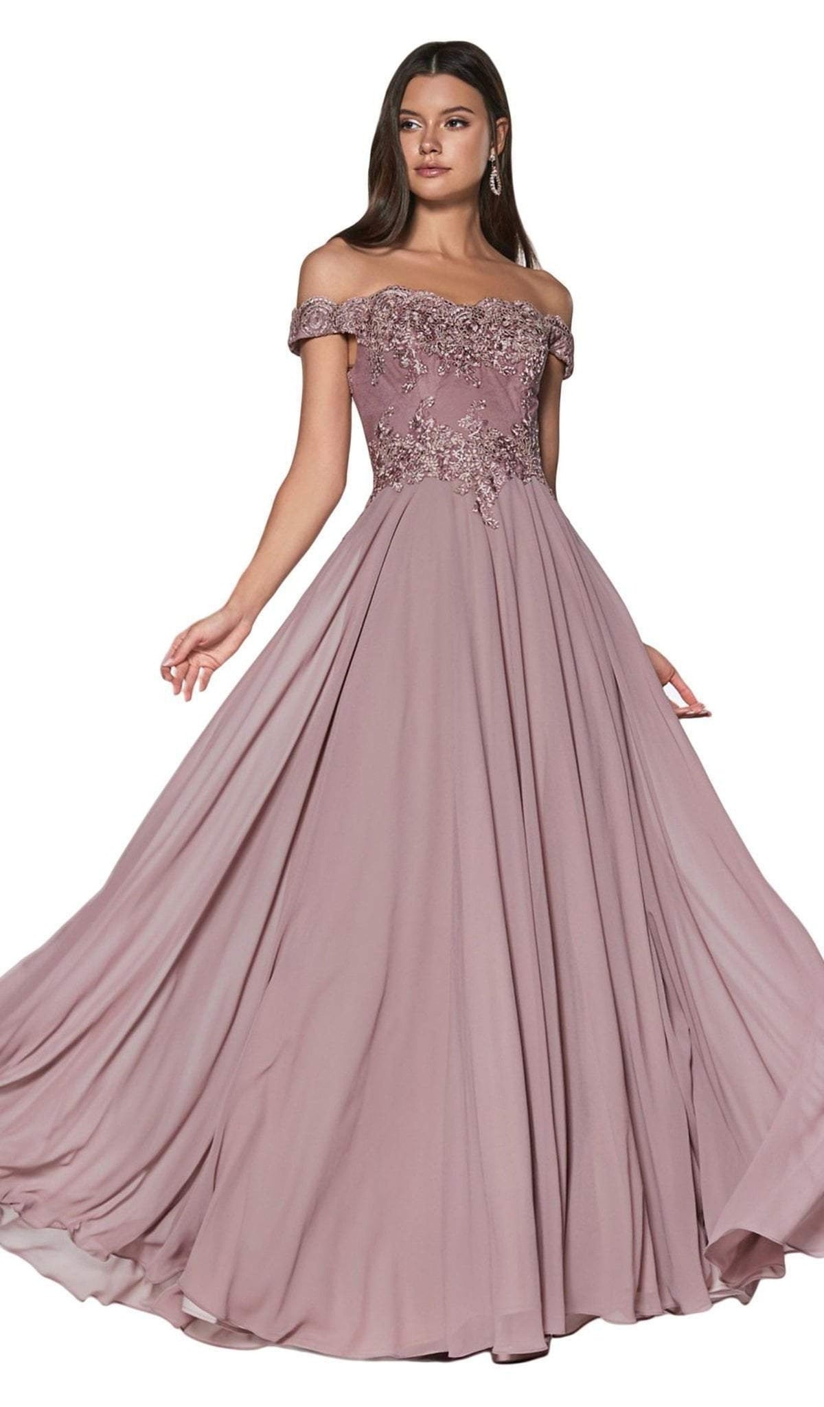 Cinderella Divine - 7258 Flowy Chiffon Lace Embellished A-Line Gown