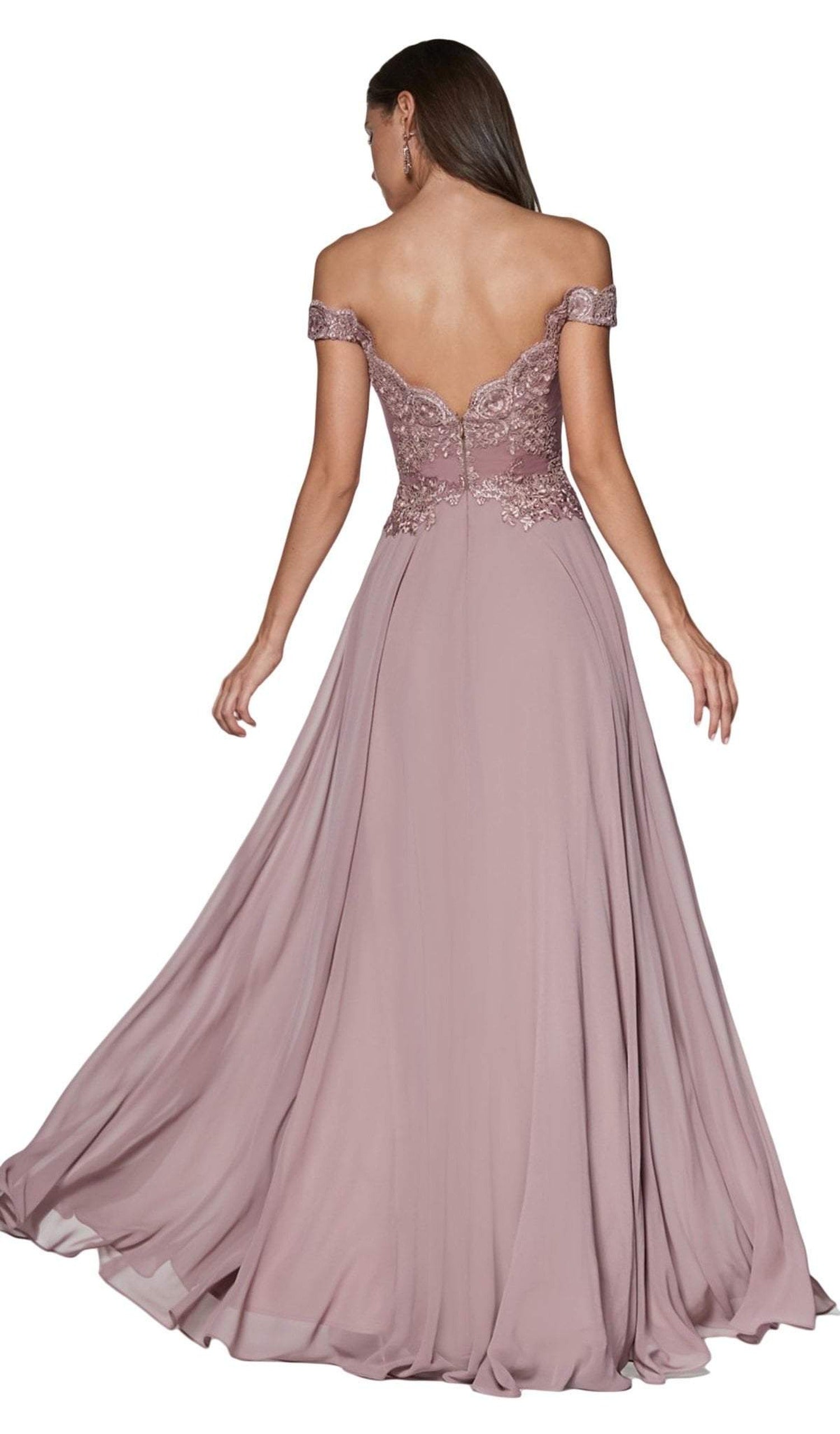 Cinderella Divine - 7258 Flowy Chiffon Lace Embellished A-Line Gown