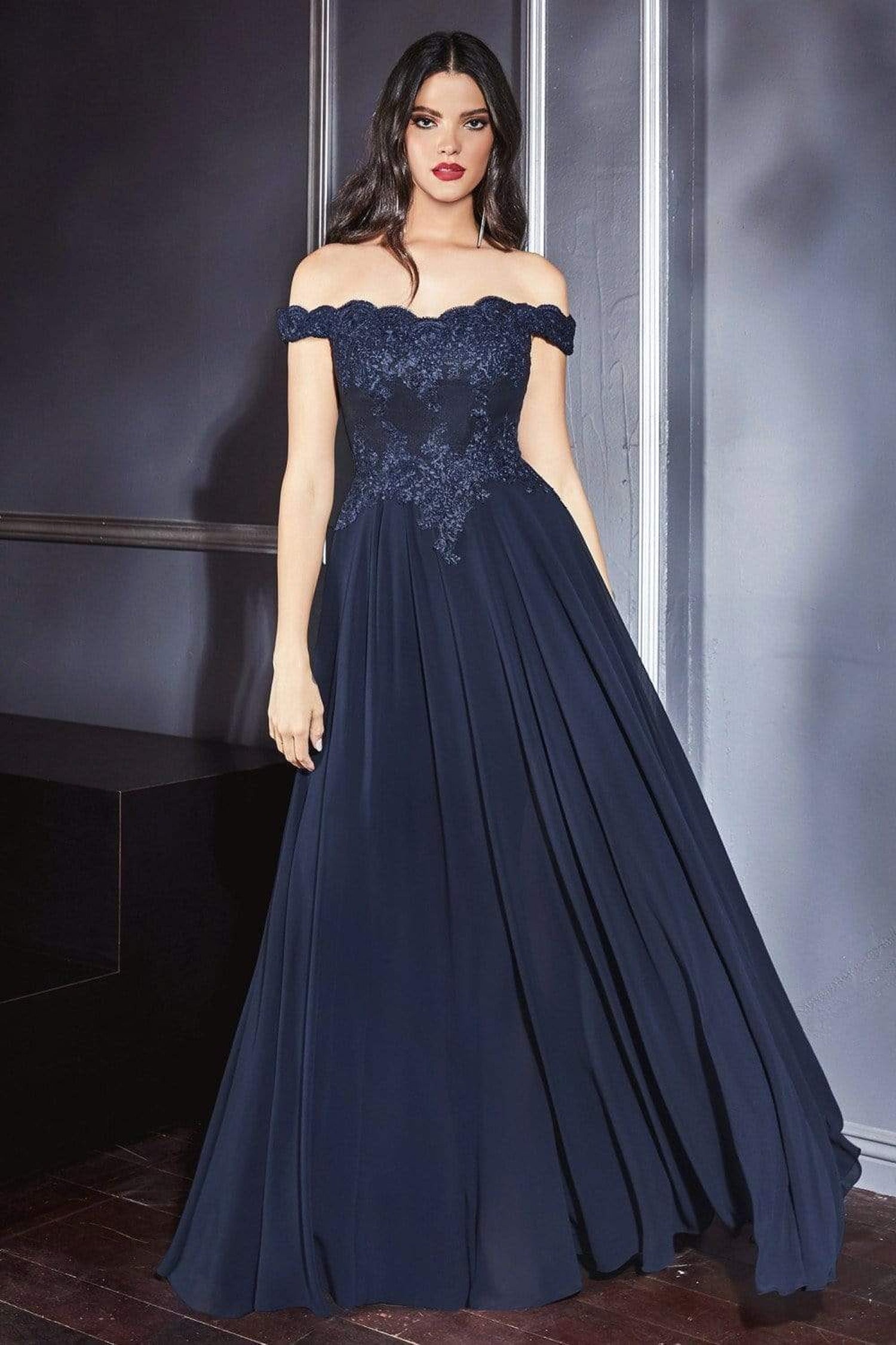 Cinderella Divine - 7258 Flowy Chiffon Lace Embellished A-Line Gown