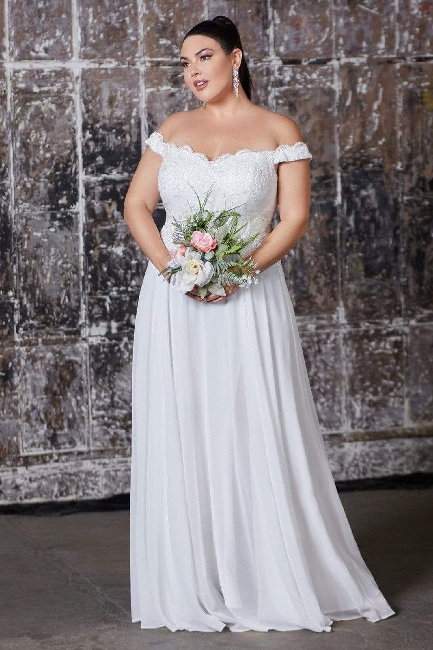 Cinderella Divine - 7258 Flowy Chiffon Lace Embellished A-Line Gown