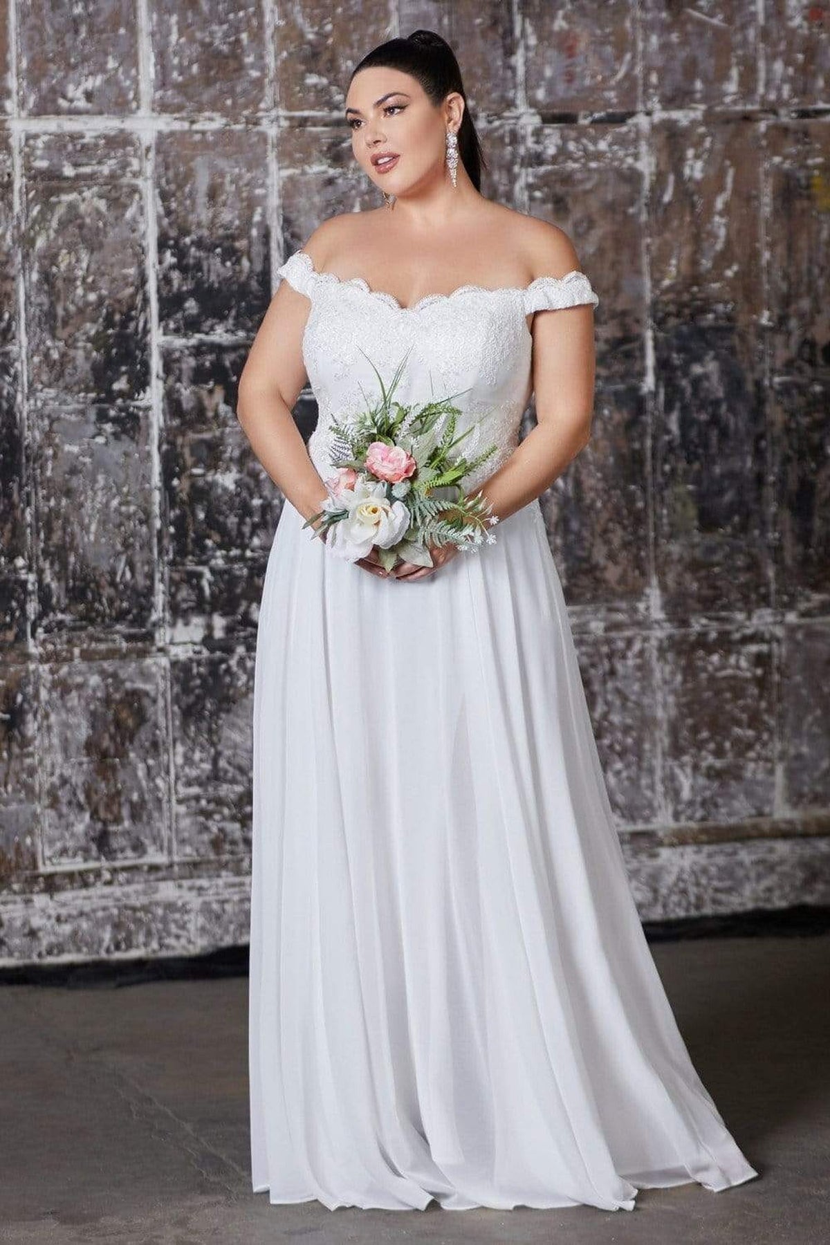Cinderella Divine - 7258 Flowy Chiffon Lace Embellished A-Line Gown