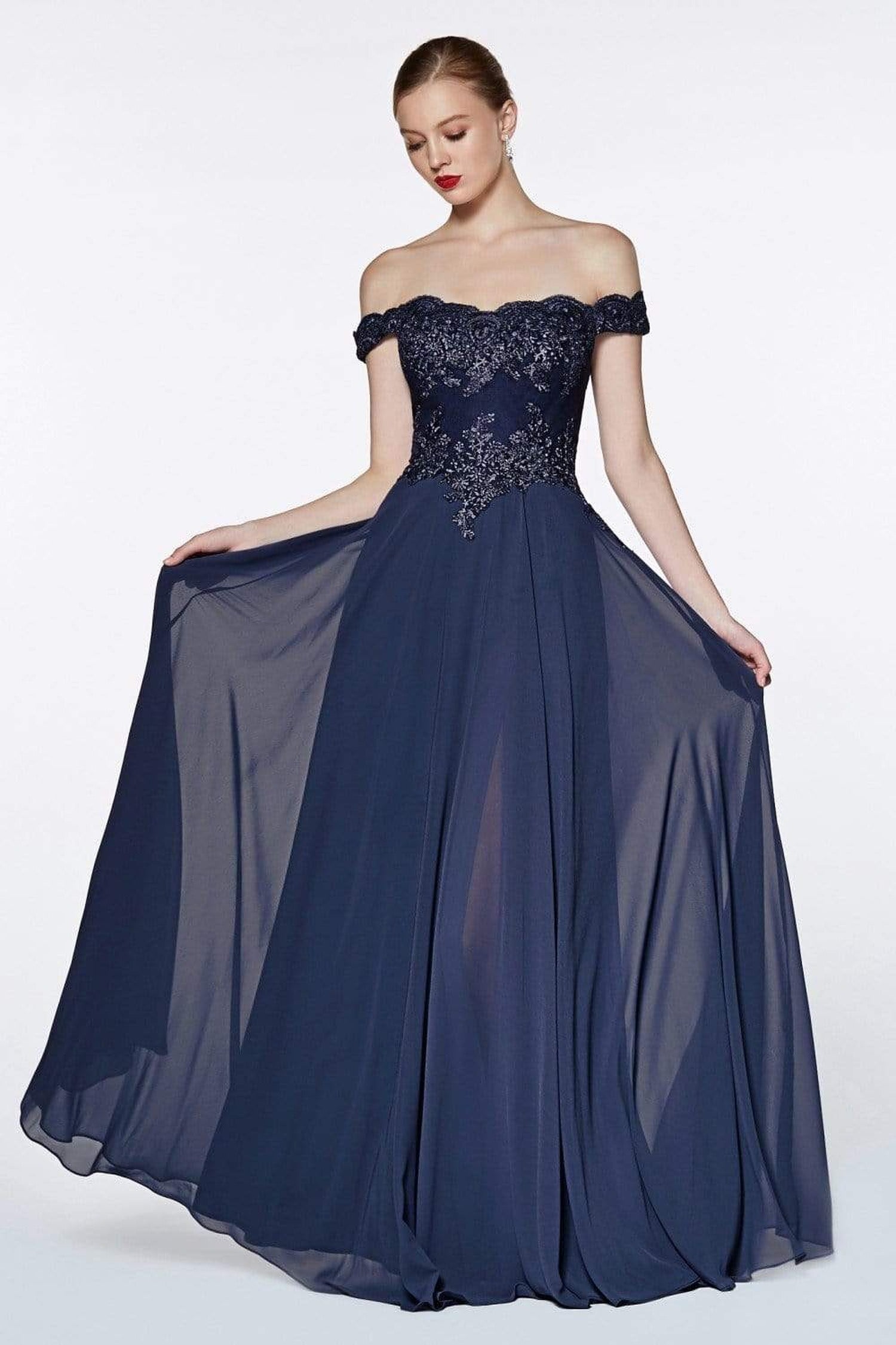 Cinderella Divine - 7258 Flowy Chiffon Lace Embellished A-Line Gown