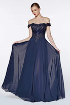 Cinderella Divine - 7258 Flowy Chiffon Lace Embellished A-Line Gown