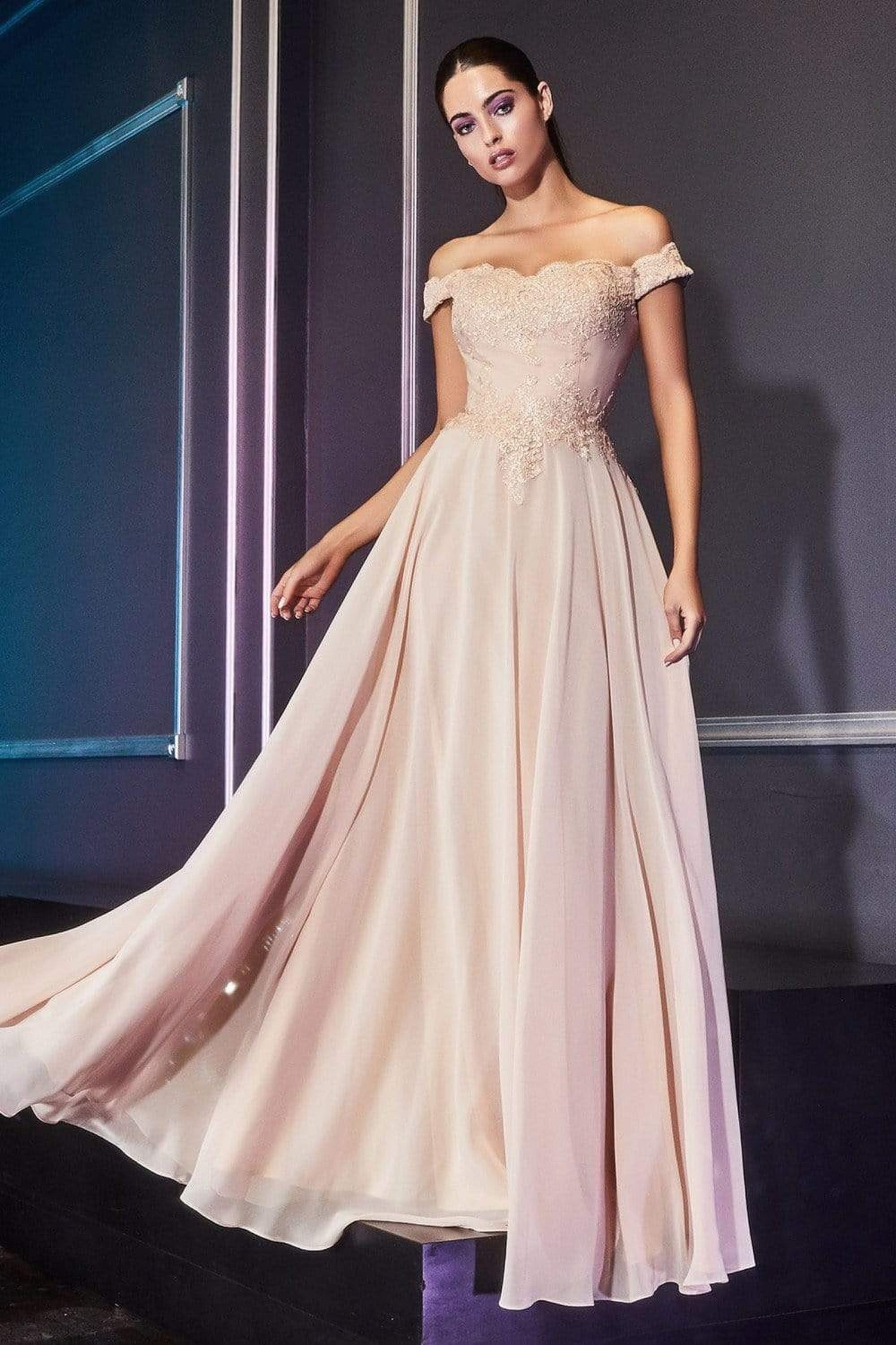 Cinderella Divine - 7258 Flowy Chiffon Lace Embellished A-Line Gown