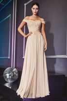 Cinderella Divine - 7258 Flowy Chiffon Lace Embellished A-Line Gown
