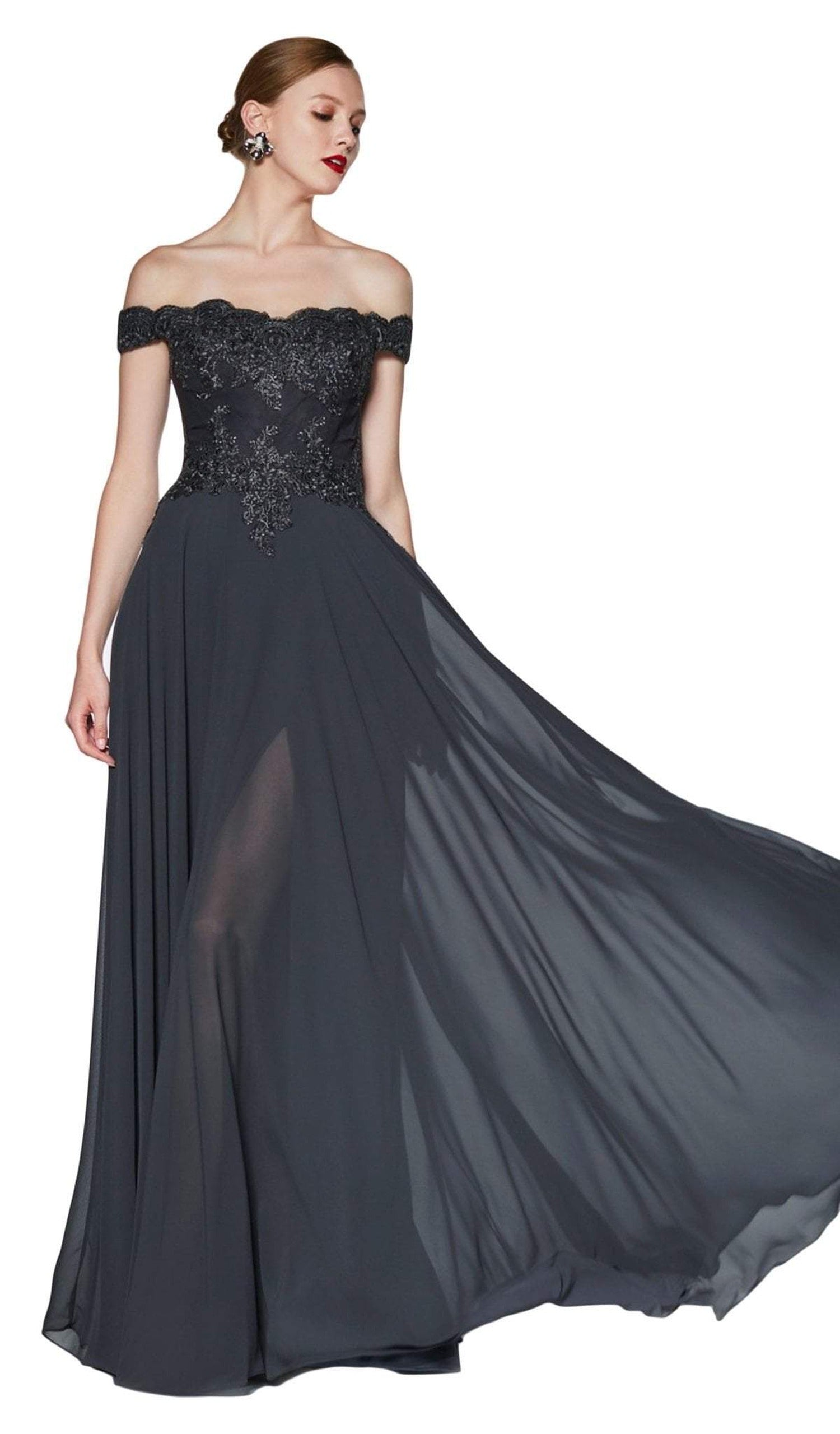 Cinderella Divine - 7258 Flowy Chiffon Lace Embellished A-Line Gown