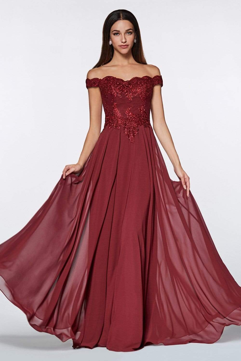 Cinderella Divine - 7258 Flowy Chiffon Lace Embellished A-Line Gown - view 12