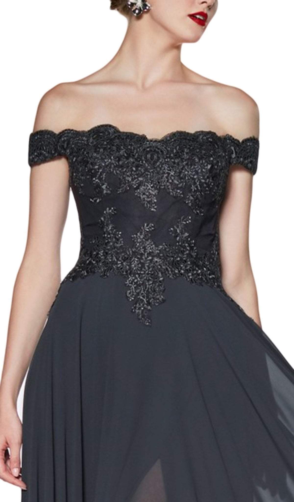 Cinderella Divine - 7258 Flowy Chiffon Lace Embellished A-Line Gown - view 8