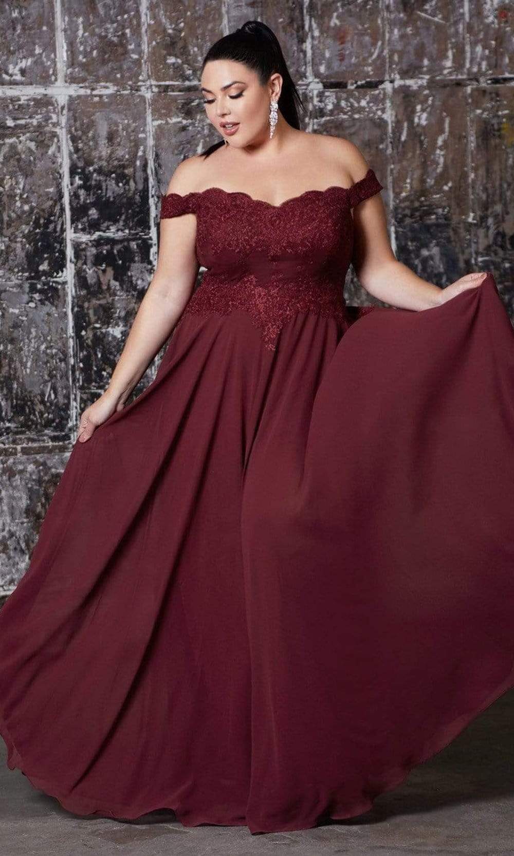 Cinderella Divine - 7258 Flowy Chiffon Lace Embellished A-Line Gown - back view