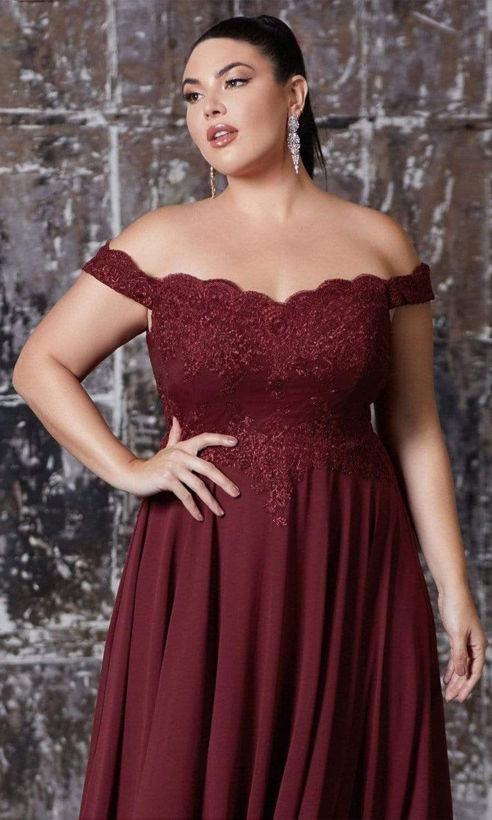 Cinderella Divine - 7258 Flowy Chiffon Lace Embellished A-Line Gown - view 4