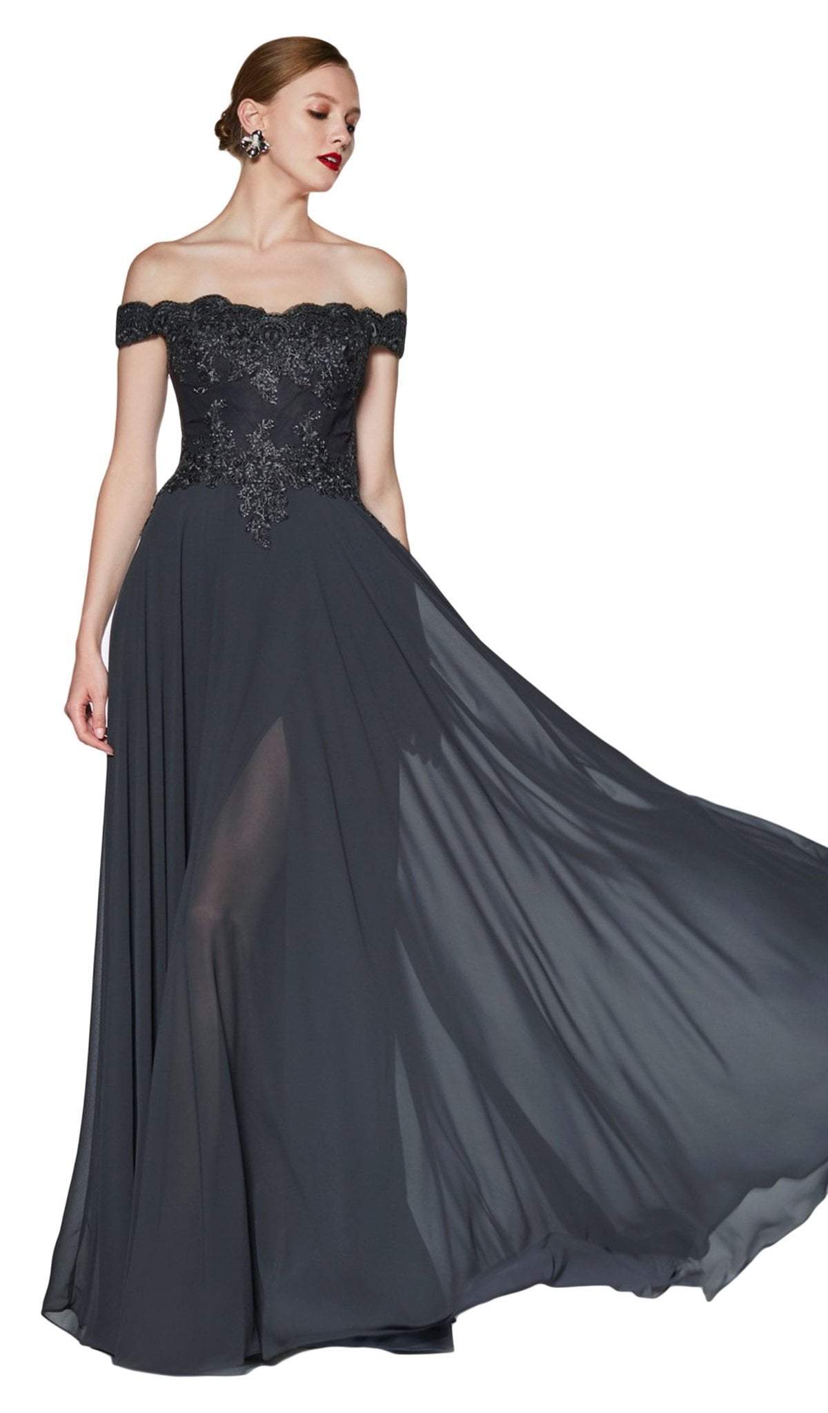 Cinderella Divine - 7258 Flowy Chiffon Lace Embellished A-Line Gown - designer bridesmaid dress at Silhouette Dresses