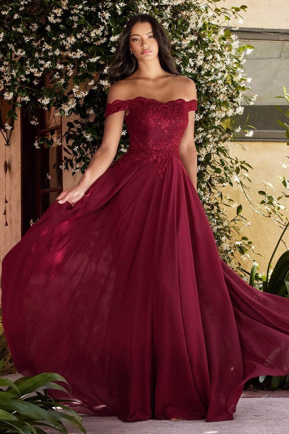 Cinderella Divine - 7258 Flowy Chiffon Lace Embellished A-Line Gown - view 9