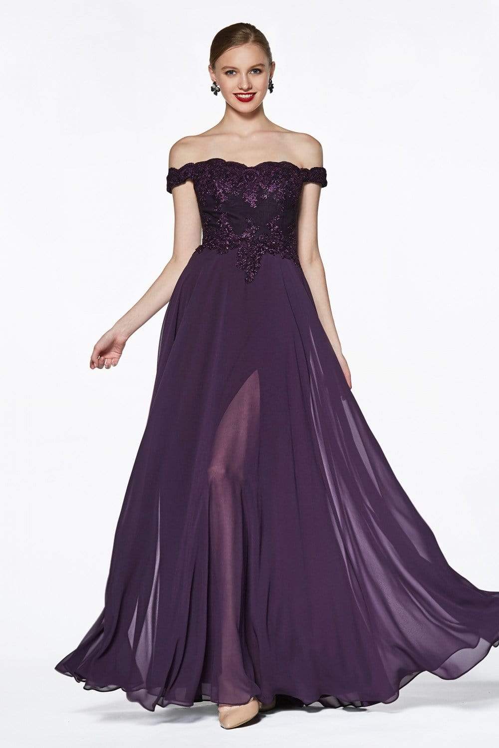 Cinderella Divine - 7258 Flowy Chiffon Lace Embellished A-Line Gown - view 11