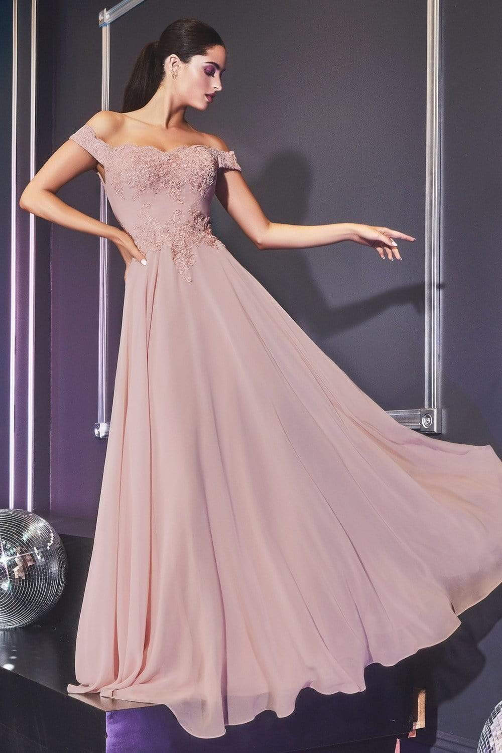 Cinderella Divine - 7258 Flowy Chiffon Lace Embellished A-Line Gown - view 14