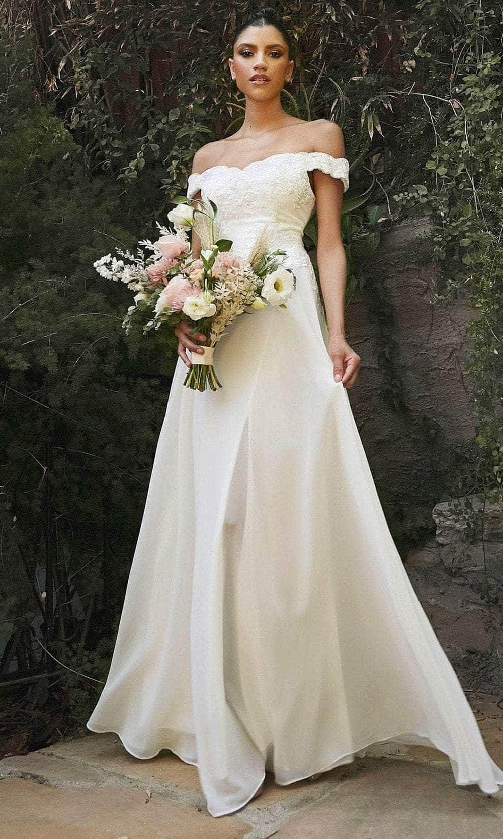 Cinderella Divine 7258W - Off Shoulder Floor Length Bridal Dress - back view