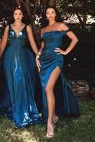 Cinderella Divine - 7469 Satin V-Neck A-Line Dress with Slit - view 8