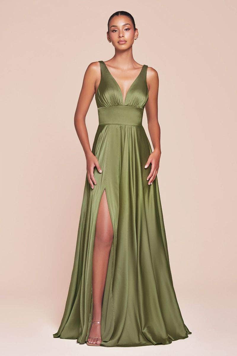 Cinderella Divine - 7469 Satin V-Neck A-Line Dress with Slit - Silhouette Dresses