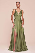 Cinderella Divine - 7469 Satin V-Neck A-Line Dress with Slit - Silhouette Dresses