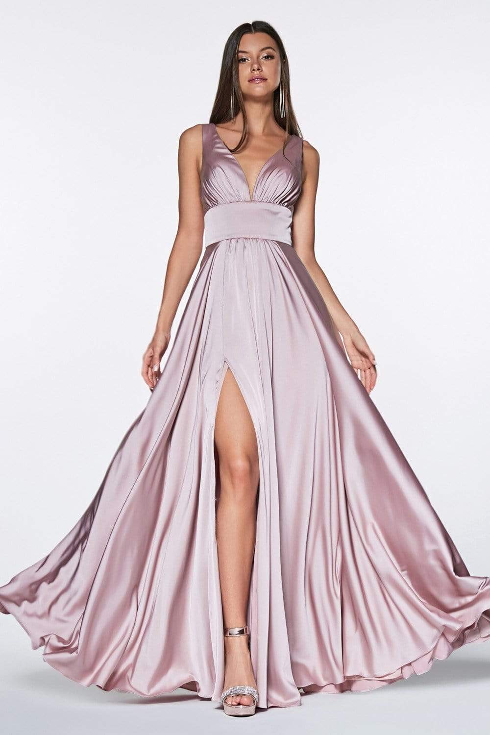 Cinderella Divine - 7469 V Neck High Slit Satin Flowy A-Line Dress - Silhouette Dresses