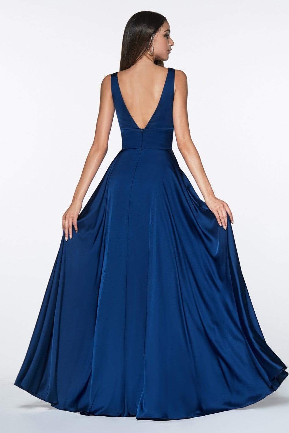 Cinderella Divine - 7469 V Neck High Slit Satin Flowy A-Line Dress - view 5