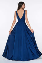 Cinderella Divine - 7469 V Neck High Slit Satin Flowy A-Line Dress - view 5