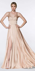 Cinderella Divine - 7469 V Neck High Slit Satin Flowy A-Line Dress - view 6