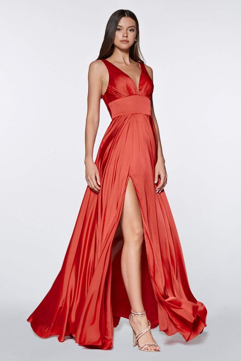Cinderella Divine - 7469 V Neck High Slit Satin Flowy A-Line Dress - view 9